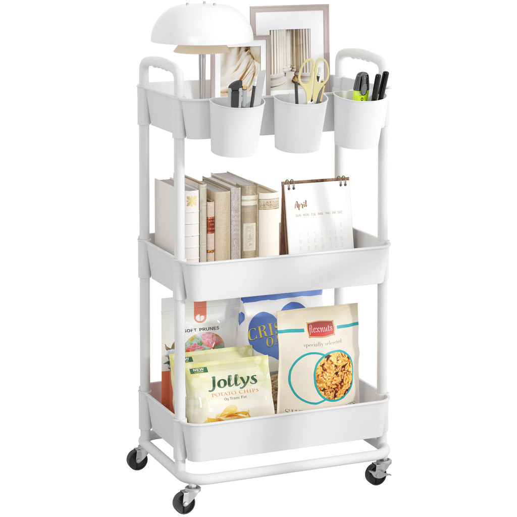 JIUYOTREE 3-Tier Plastic Rolling Storage Cart Utility Cart with Extra Hanging Cups Handles Lockable Wheels for Living Room Bathroom Kitchen Office White