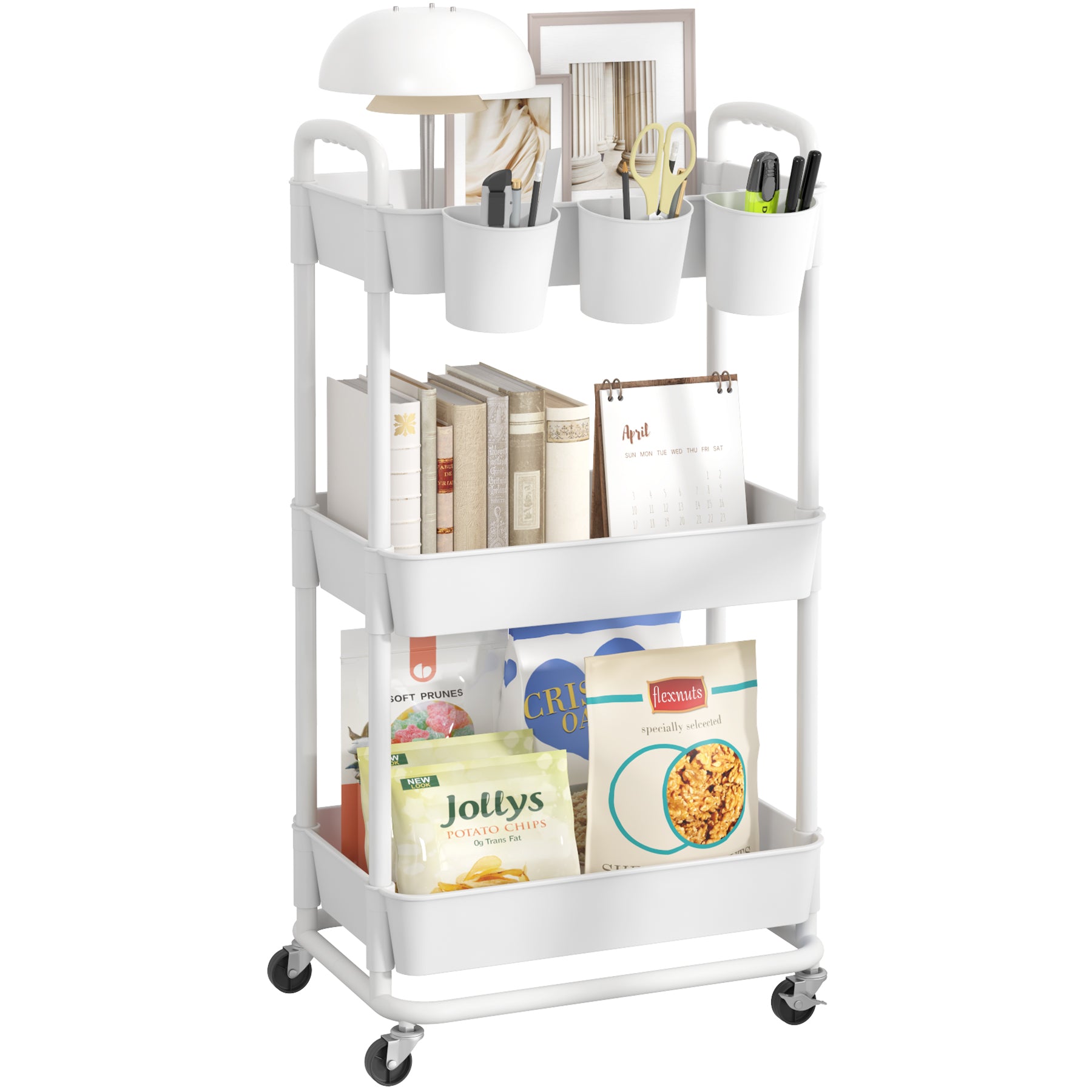 JIUYOTREE 3-Tier Plastic Rolling Storage Cart Utility Cart with Extra Hanging Cups Handles Lockable Wheels for Living Room Bathroom Kitchen Office White