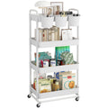 JIUYOTREE 4-Tier Plastic Rolling Storage Cart Utility Cart with Extra Hanging Cups Handles Lockable Wheels for Living Room Bathroom Kitchen Office White