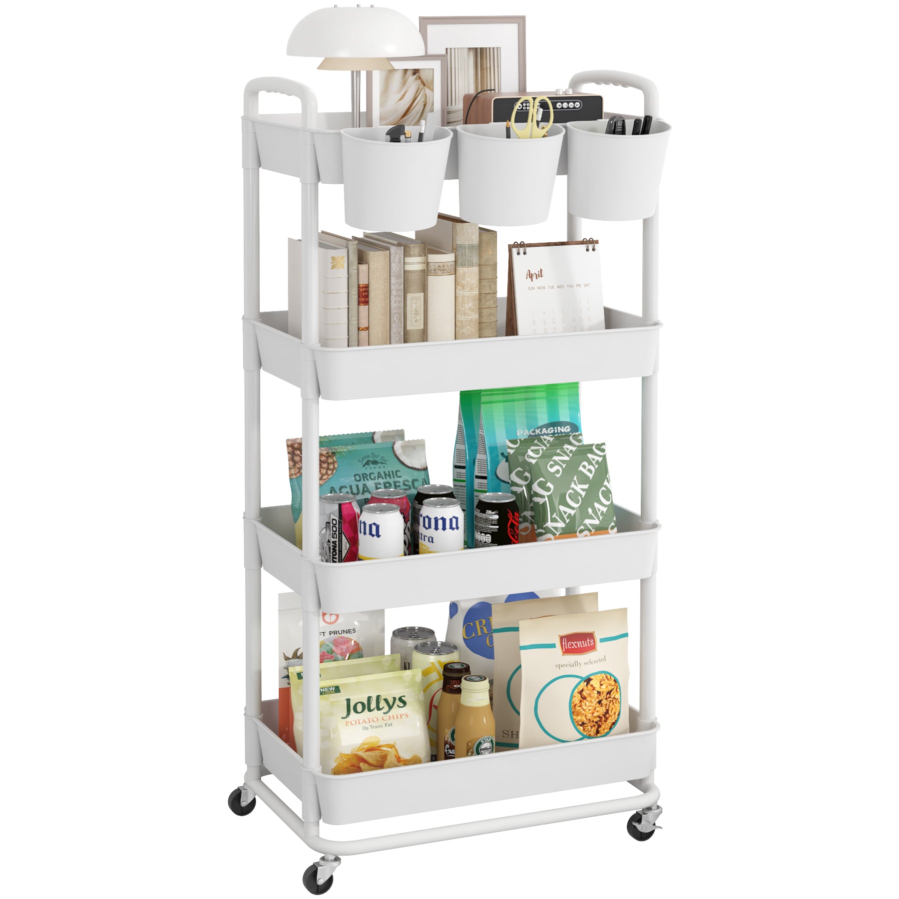 JIUYOTREE 4-Tier Plastic Rolling Storage Cart Utility Cart with Extra Hanging Cups Handles Lockable Wheels for Living Room Bathroom Kitchen Office White