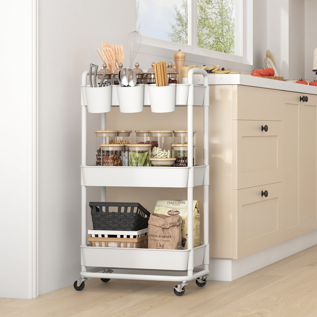 JIUYOTREE 3-Tier Plastic Rolling Storage Cart Utility Cart with Extra Hanging Cups Handles Lockable Wheels for Living Room Bathroom Kitchen Office White