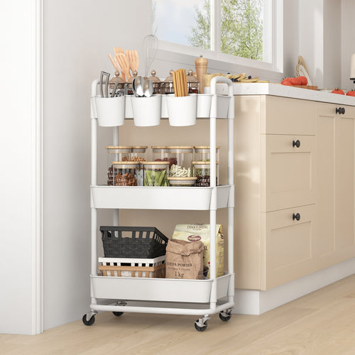 JIUYOTREE 3-Tier Plastic Rolling Storage Cart Utility Cart with Extra Hanging Cups Handles Lockable Wheels for Living Room Bathroom Kitchen Office White