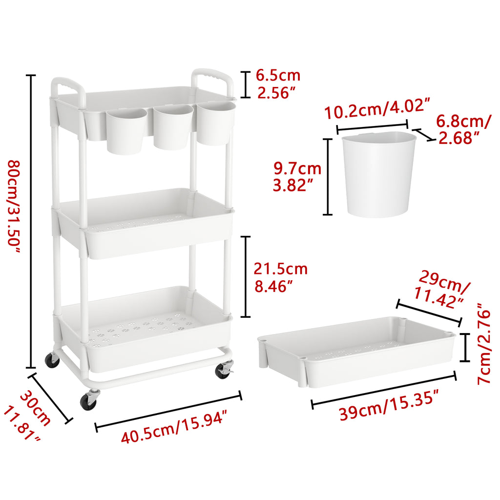 JIUYOTREE 3-Tier Plastic Rolling Storage Cart Utility Cart with Extra Hanging Cups Handles Lockable Wheels for Living Room Bathroom Kitchen Office White