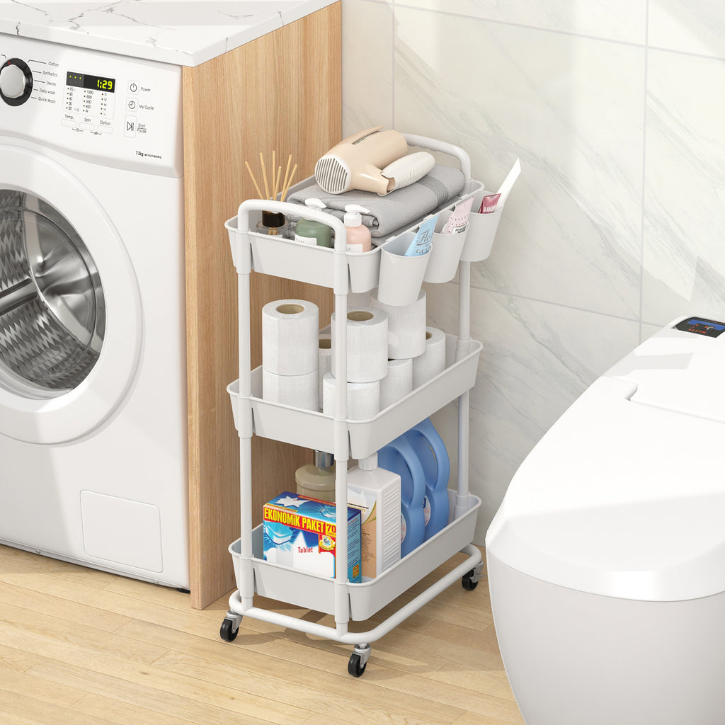 JIUYOTREE 3-Tier Plastic Rolling Storage Cart Utility Cart with Extra Hanging Cups Handles Lockable Wheels for Living Room Bathroom Kitchen Office White
