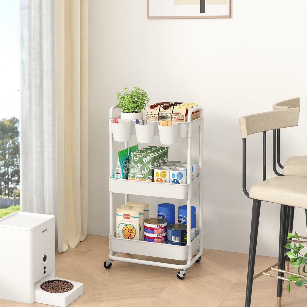 JIUYOTREE 3-Tier Plastic Rolling Storage Cart Utility Cart with Extra Hanging Cups Handles Lockable Wheels for Living Room Bathroom Kitchen Office White