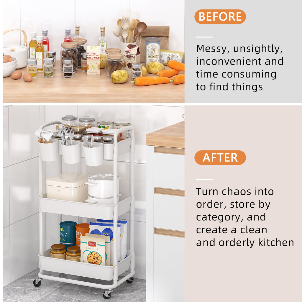 JIUYOTREE 3-Tier Plastic Rolling Storage Cart Utility Cart with Extra Hanging Cups Handles Lockable Wheels for Living Room Bathroom Kitchen Office White